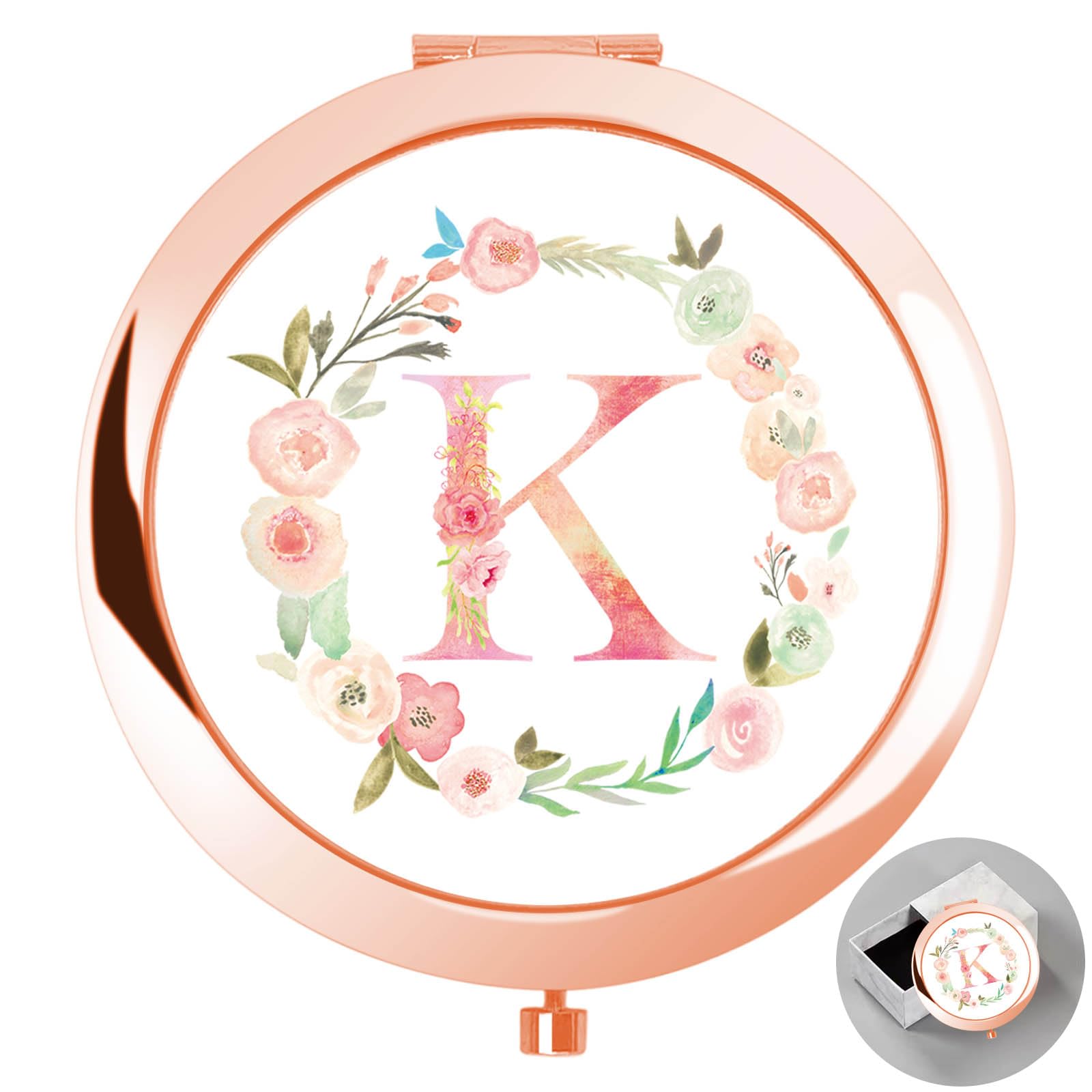 boutikpro Personalized Gift Initial Compact Mirror w Box for Women Sister Daughter Mom Wife, Floral Monogram Alphabet Silver Small Mirror Ideal Gift