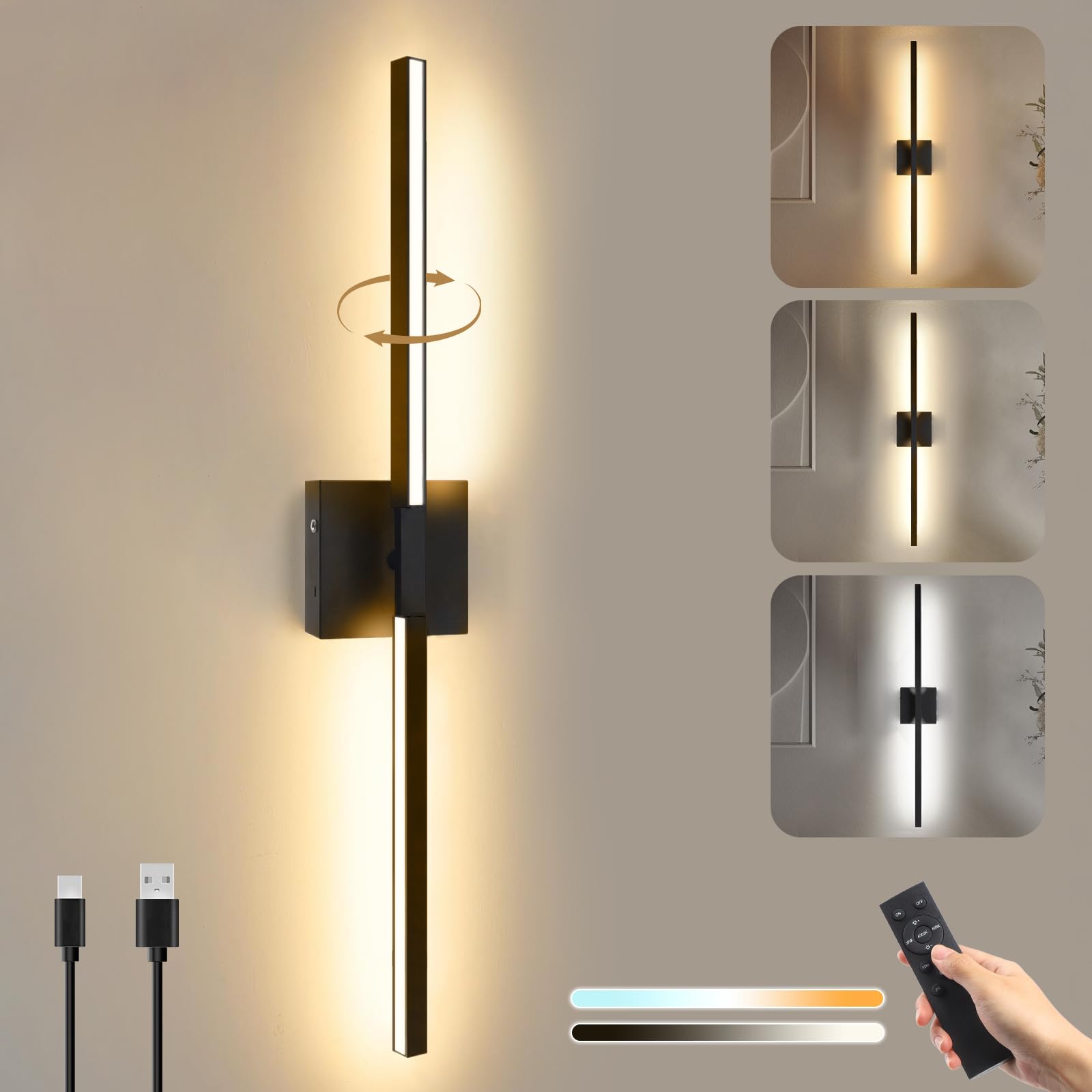 Akku Wandleuchte Innen Schwarz 10000mAh,80cm Wiederaufladbar Wandlampe,3 Farbtemperaturen Dimmbar,Moderne Kabellose Leuchte mit Fernbedienung,360°Drehbar & Timer für Schlafzimmer & Wohnzimmer