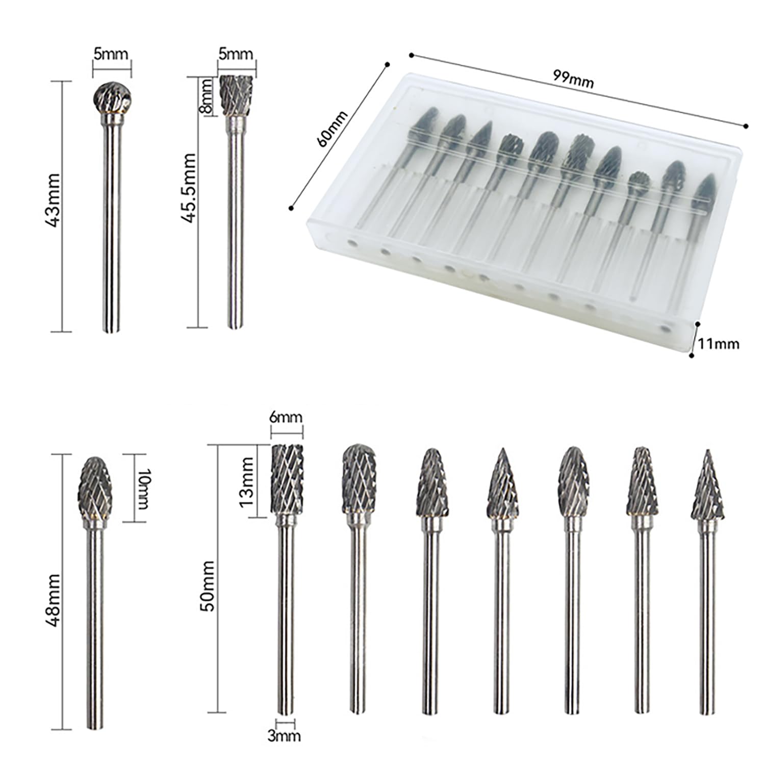 Juego de 10 Fresas de Metal Duro con Doble Corte, Carburo de Tungsteno Cementado, Fresa Rotativa, para Carpintería, Tallado, Pulido, Perforación