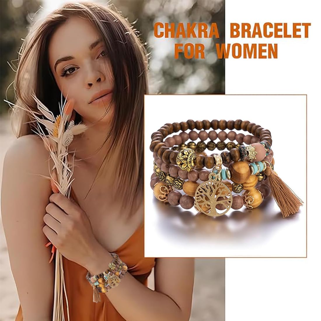 Bransoletka boho z drewnianymi koralikami, bransoletka czakra dla kobiet, naturalne kryształowe kamienie lecznicze, bransoletka dla kobiet, drzewo życia, charms