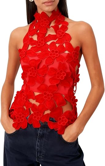 Women Hollow Out Floral Lace Top 3D Flower Halter Top Sexy Eyelet Backless Mock Neck Tank Top Summer Going Out Shirt