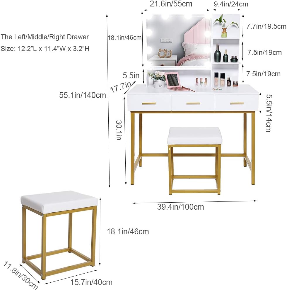 Iwell Large Vanity Set with 10 LEDs Lighted Mirror, Vanity Table with 3 Drawers & 2 Shelves, Makeup Table with Padded Cushioned Stool, Vanity Dressing Table, Gift for Women Girls, Bedroom, White
