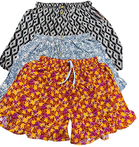 Image of Ukal Rayon Printed Frill Shorts for Women and Girls Casual Wear Night Wear Daily Use Summer Shorts with Pockets (Pack of 3)