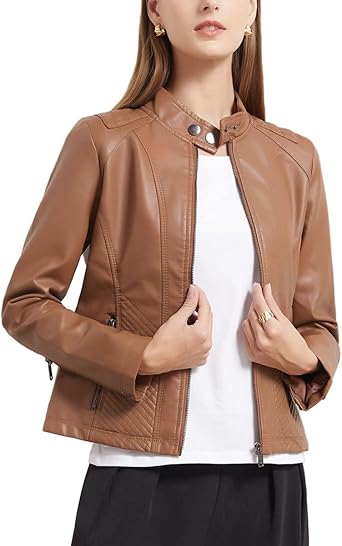 Veste De Motard En Simili Cuir Pour Femme, Col Montant, Fermeture