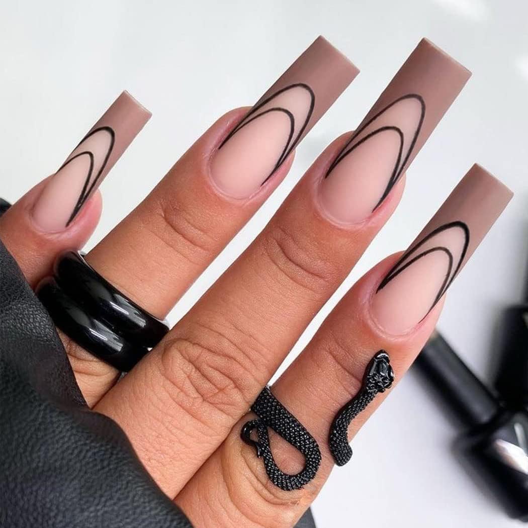 Vatocu Coffin Glossy False Nails Long Pink Fake Nails Flame Tai Chi Press on Nails Black White Full Cover Ballerina Acrylic Stick on Nails for Women and Girls (24 pcs) (Black 4)
