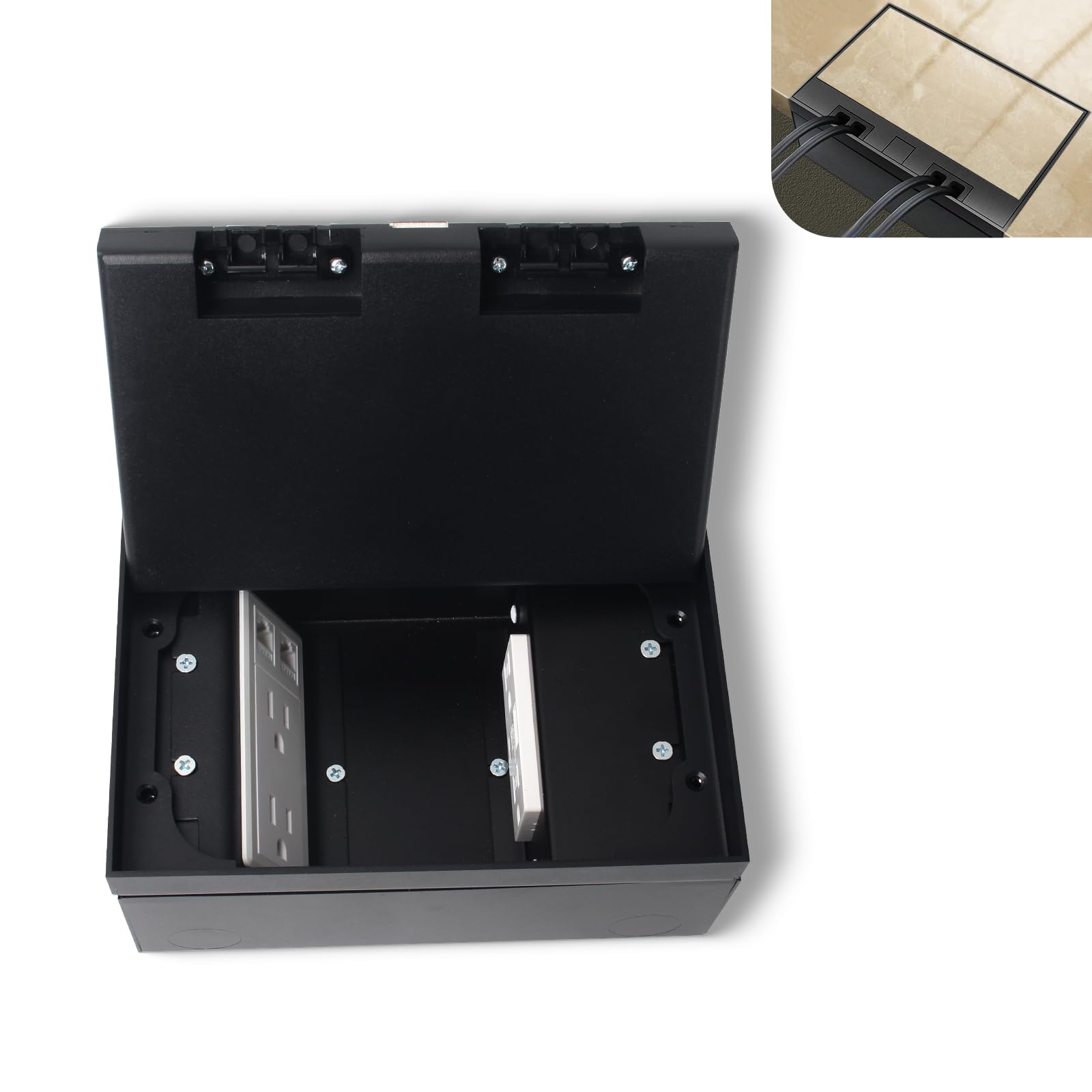 KYHSHJ Recessed Flat Hidden Socket Kit with 4 * 15A Receptacle， 1 USB-A Ports &1 USB-C Port+2-Port RJ45 Datacom Receptacle. Corrosive Resistant Hardware,Black