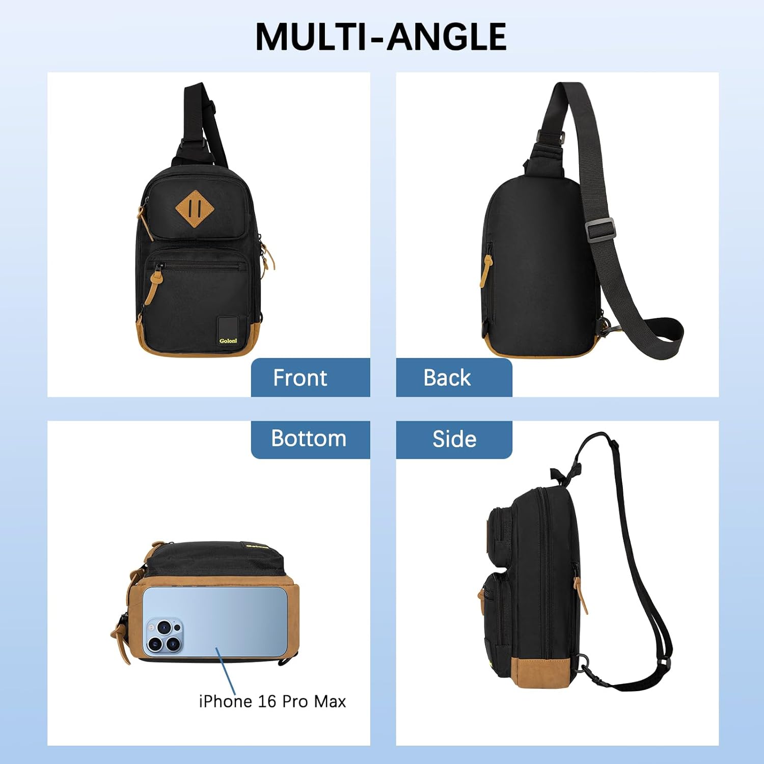Goloni Sling Bag for Men Women, Crossbody Shoulder Bag with Multiple Pockets, Lightweight Casual Daypack for Travel