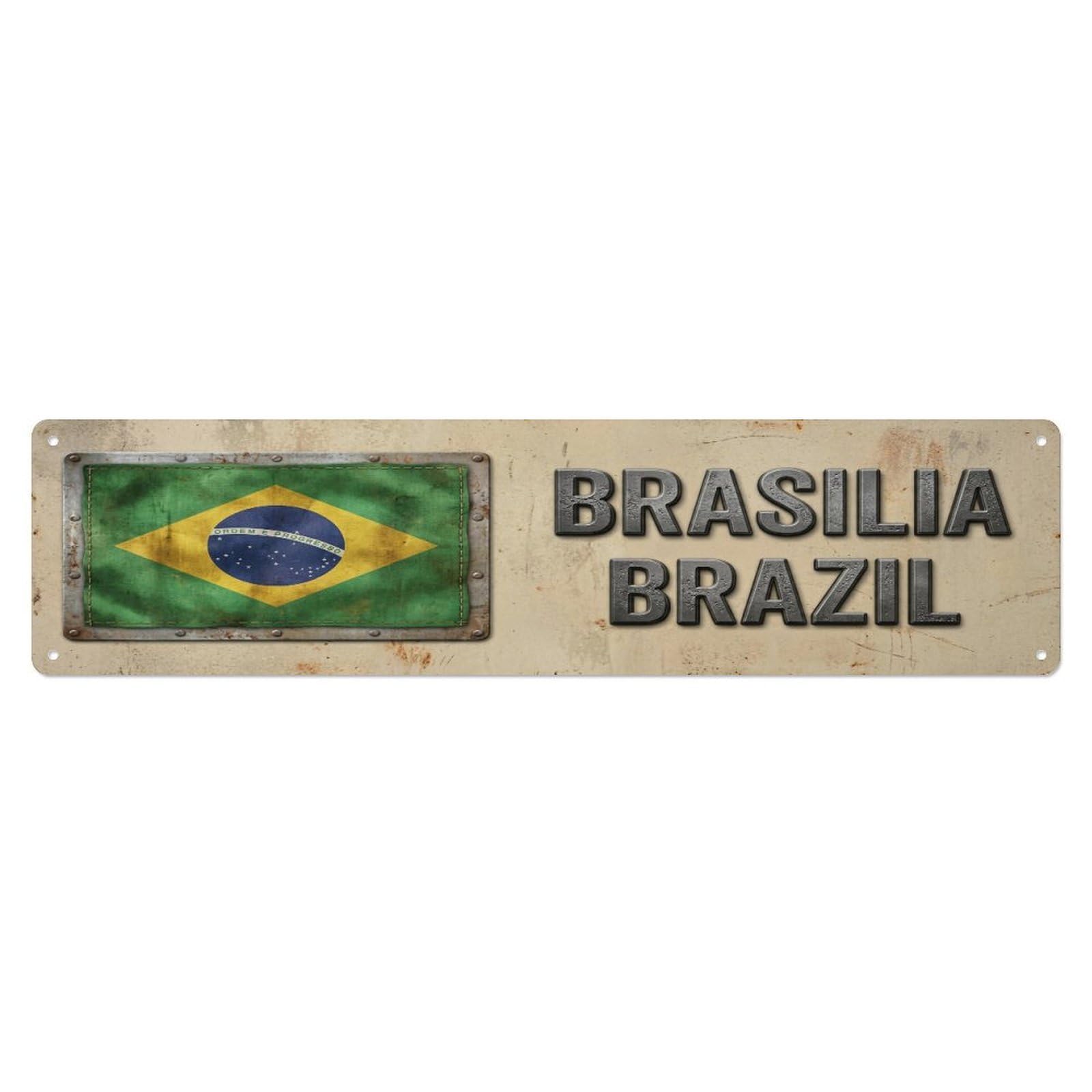 Okahys 4X16inch(10X40cm) Vintage Brasilia Brazil Flag Decor Rustic Travel Metal Tin Sign