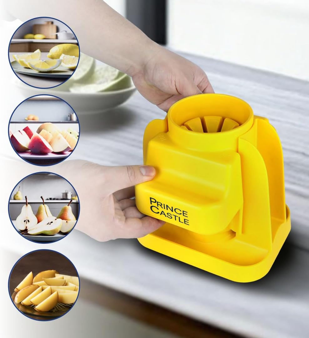 Prince Castle Lime Lemon Cutter - Fruit Slicer Kitchen Gadget, Lime Cutter, Vegetable Chopper with Container 8-Wedge Slicer, Yellow