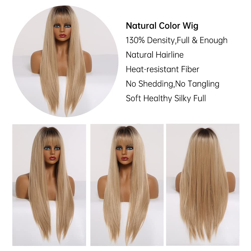 Peruki z koronką falową Jasny blond włosy Peruka z ciemnymi korzeniami Długa prosta peruka syntetyczna z grzywką dla białych kobiet Włókno termoodporne Proste peruki z naturalną linią włosów Peruki z