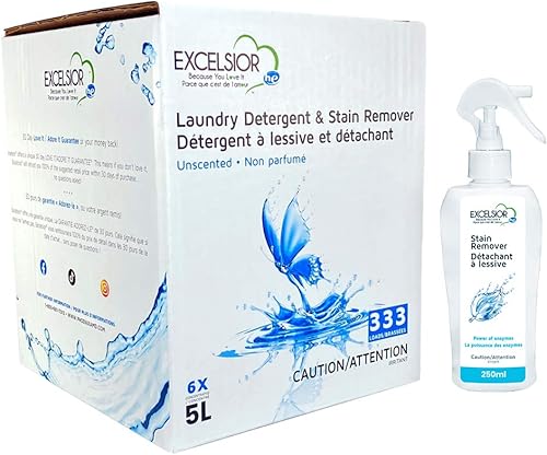 Excelsior HE - Detergente para ropa con removedor de manchas natural para 333 cargas de sin perfume, 5 litros ecológico (1 paquete)