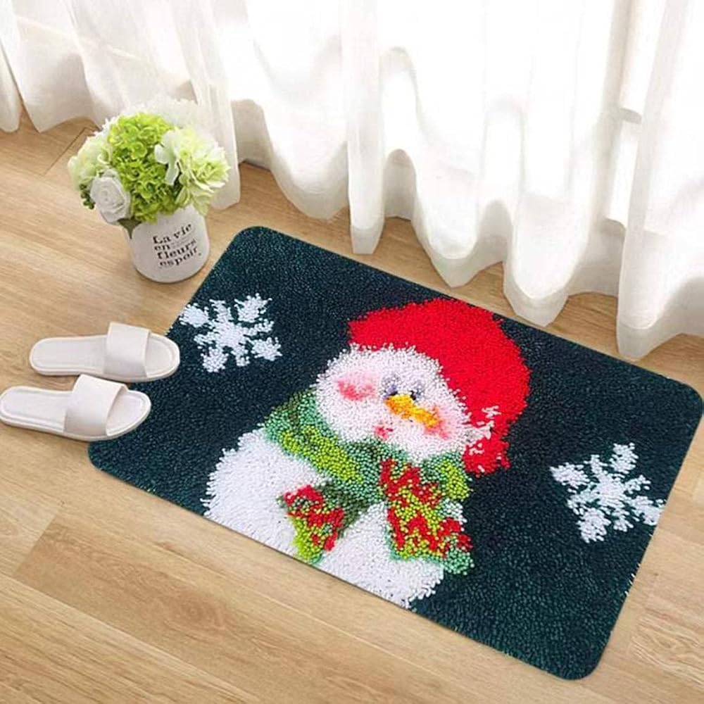 Latch Hook Kit for Adults & Kids, Complete DIY Rug Making Craft Kits with Yarn & Canvas and Crochet Needle, Adult Craft Kits for Women, Relaxing Home Art Project, Snowman In Red Hat Pattern 50x38cm