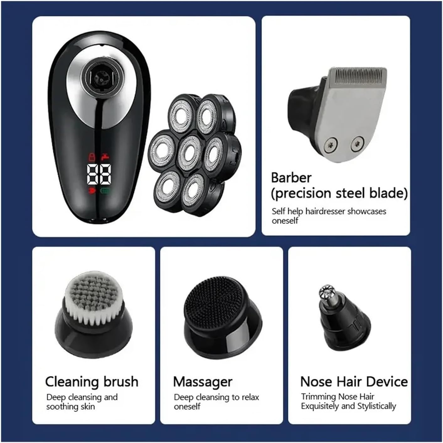 7D Floating Blade 5-in-1 Electric Shaver For Men - Rechargeable Bald Head Hair Clipper, Nose Trimmer & Beard Razor, Multi-Functional Grooming Kit(Black 5 IN 1 Box)