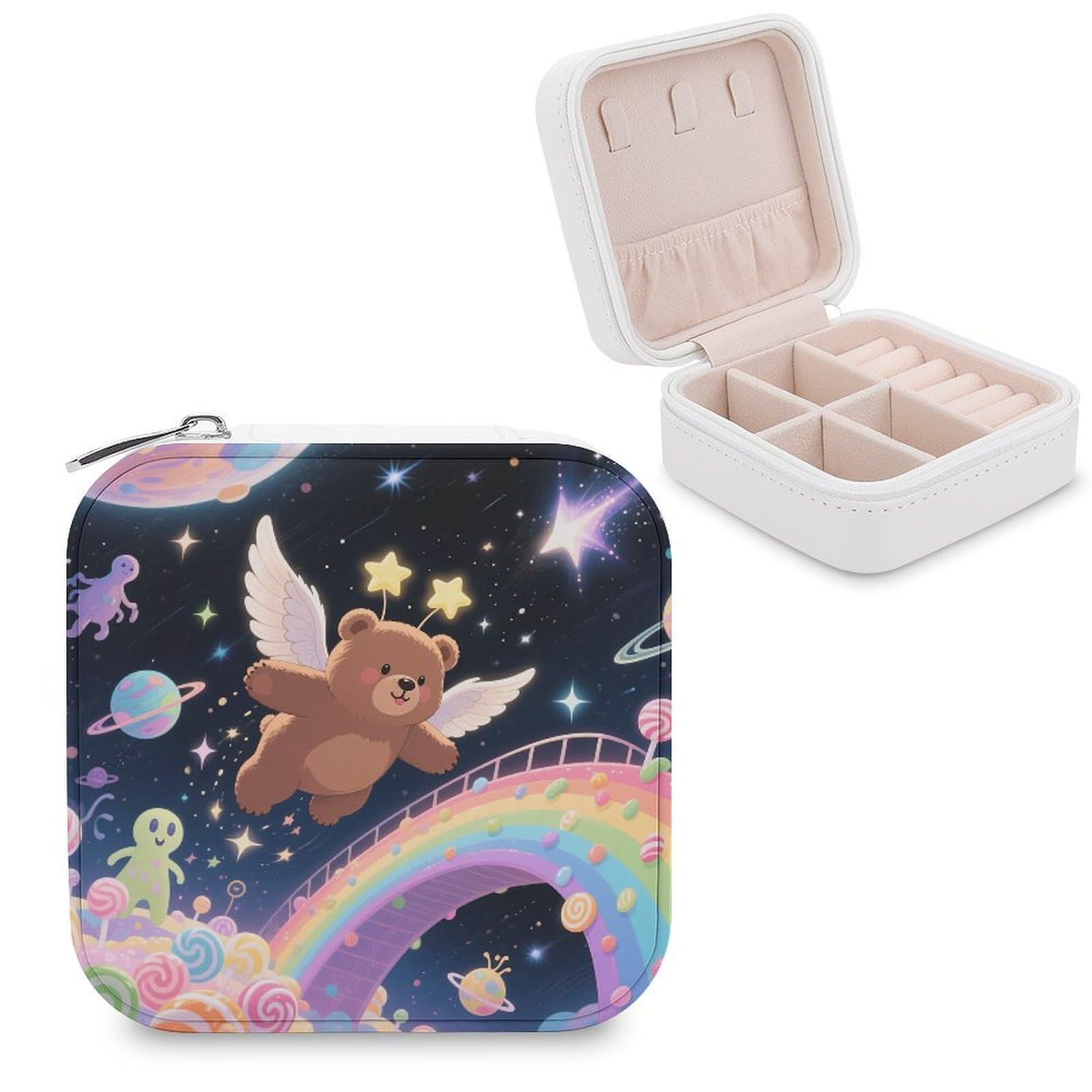 VstaDank Winged Bear Jewelry Organizer Travel Case for Women With Zipper Mini Jewelry Case PU Leather Jewelrys Box for Rings Necklaces Bracelets Earring Holder Organizer Storage