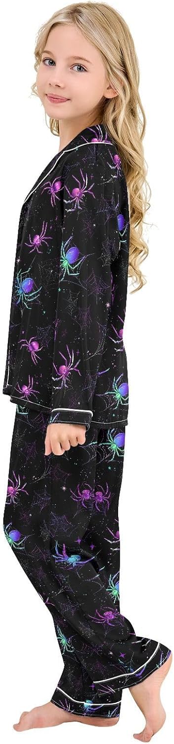 Colorful Spider A Satin Pajama Sets Long Sleeves Nightwear Button Down Sleepwear