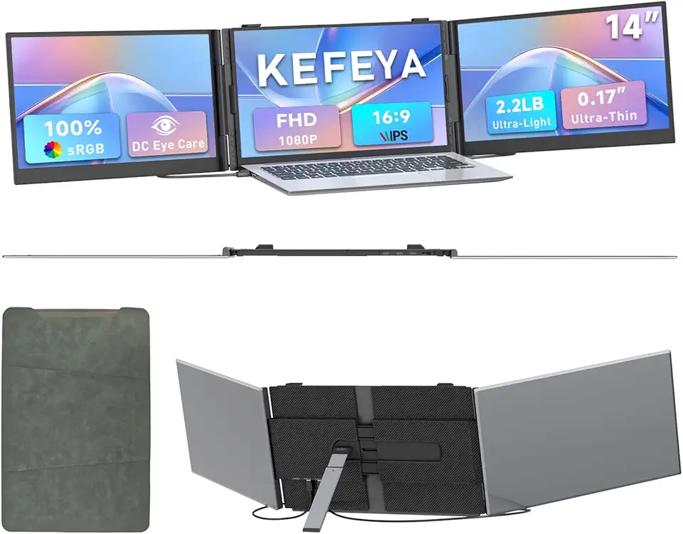 Extensor de tela triplo para laptop de 0,4 cm, ultrafino, 35.6 cm 1080p FHD para laptops de 13 a 17,3 polegadas, extensor de monitor de laptop 1 kg mais leve, USB-C HDMI Plug-Play para Mac, Windows