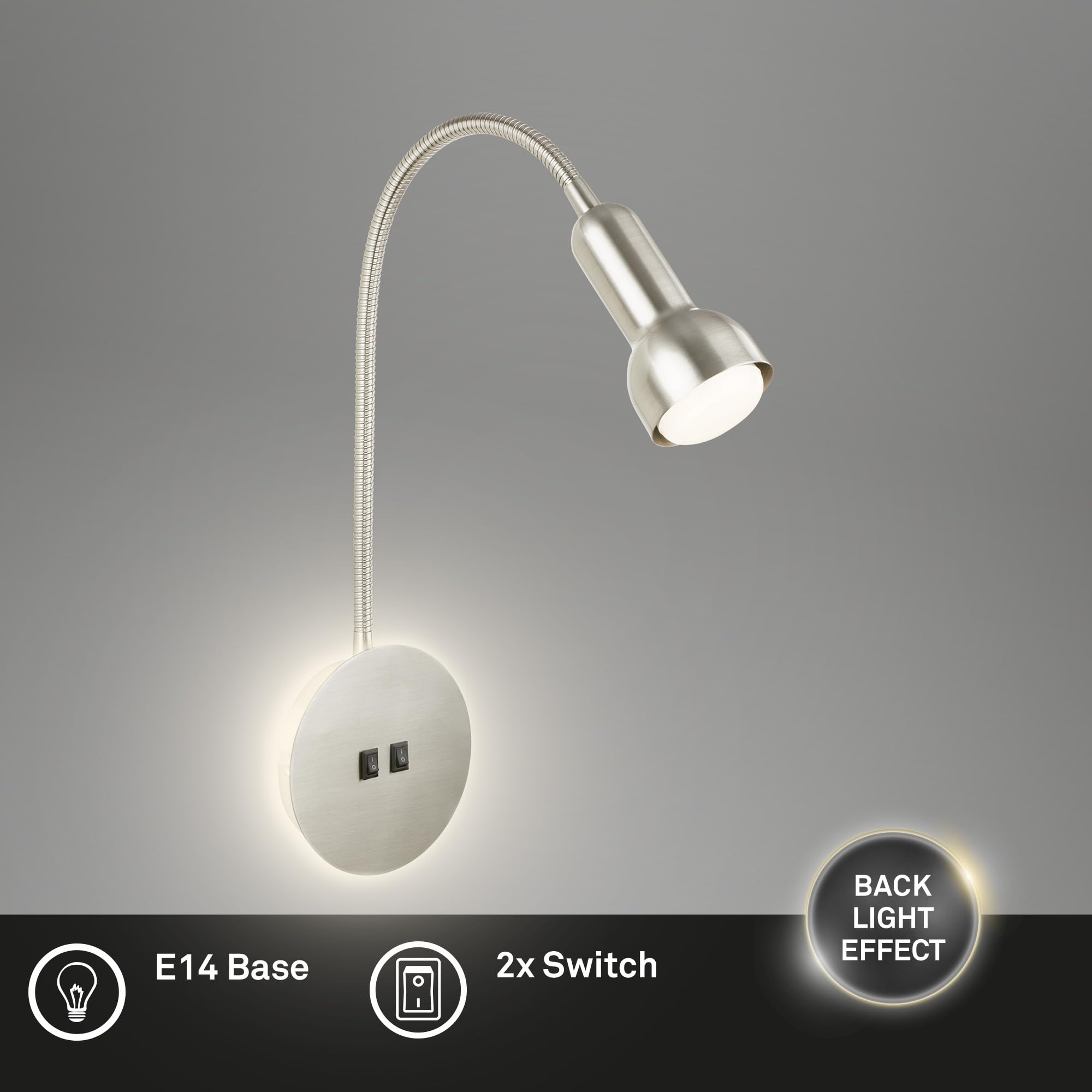 BRILONER – Leselampe mit Backlight, Schwenkbare Wandleuchte Innen, LED Lampe mit 2 Schalter, Wandlampe Innen, Matt-Nickel (Packung mit 2)