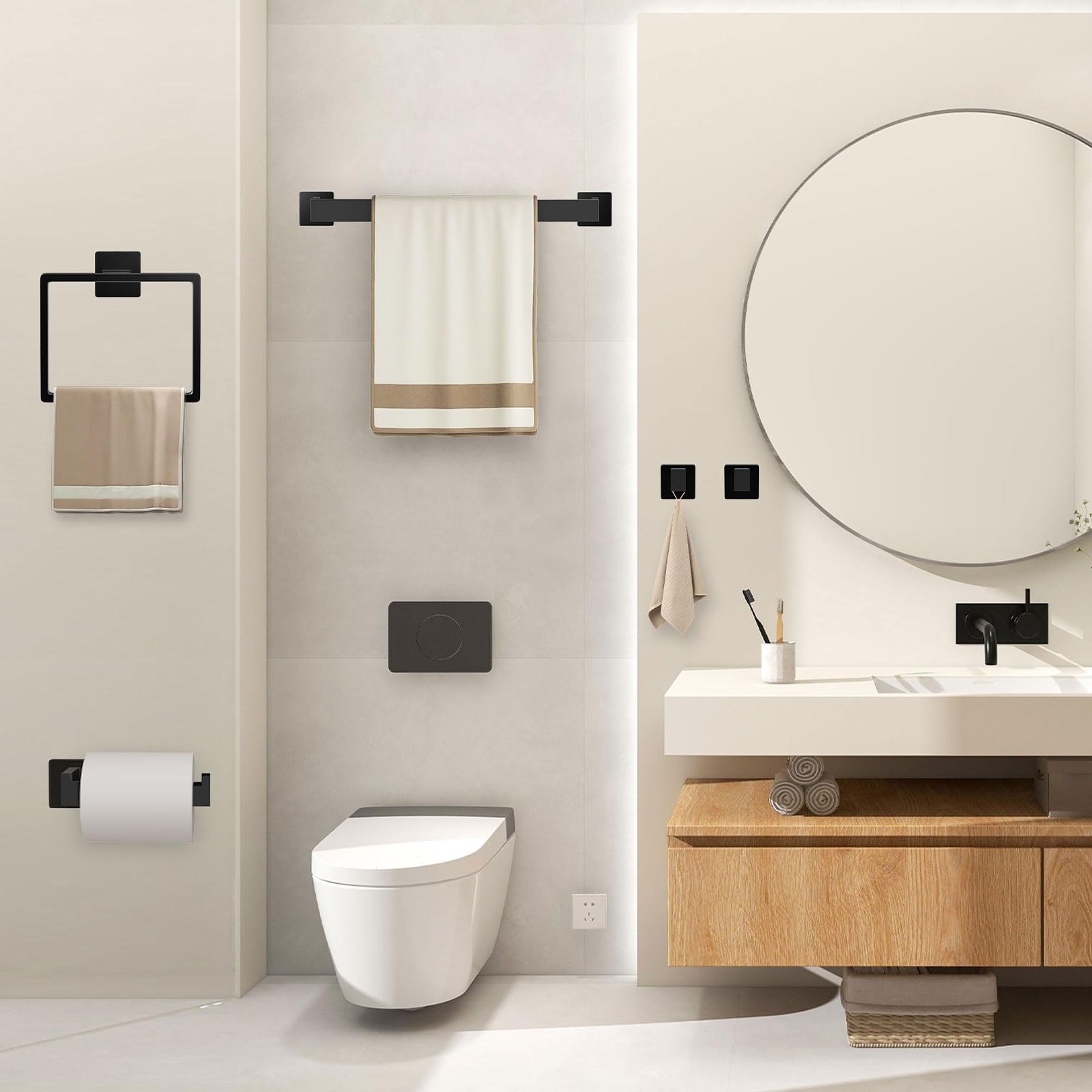 Set 5 Pezzi Accessori Bagno Nero Opaco – Acciaio Inox, Portasciugamani 61cm, Porta Carta, Anello, Ganci