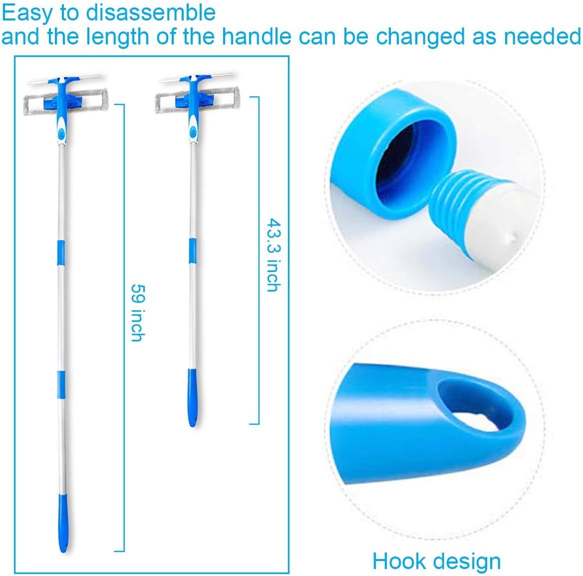 High Window Squeegee Cleaner with Scrubber, 58" Extension Pole, 3 in 1 Telescopic Washing Equipment with Spray Head