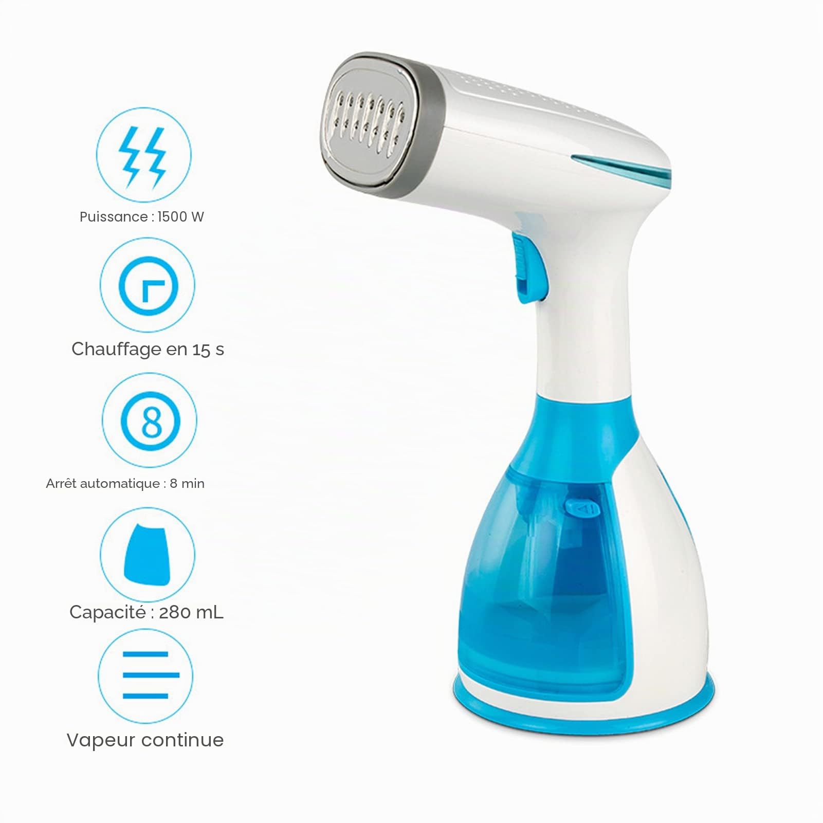 Défroisseur Vapeur, Défroisseur Vapeur à Main, Fer à Repasser Portable 1500W 280ML, Réchauffage Rapide, Défroisseur à Main, Vapeur à Vêtements, Cadeau Femmes, Bleu