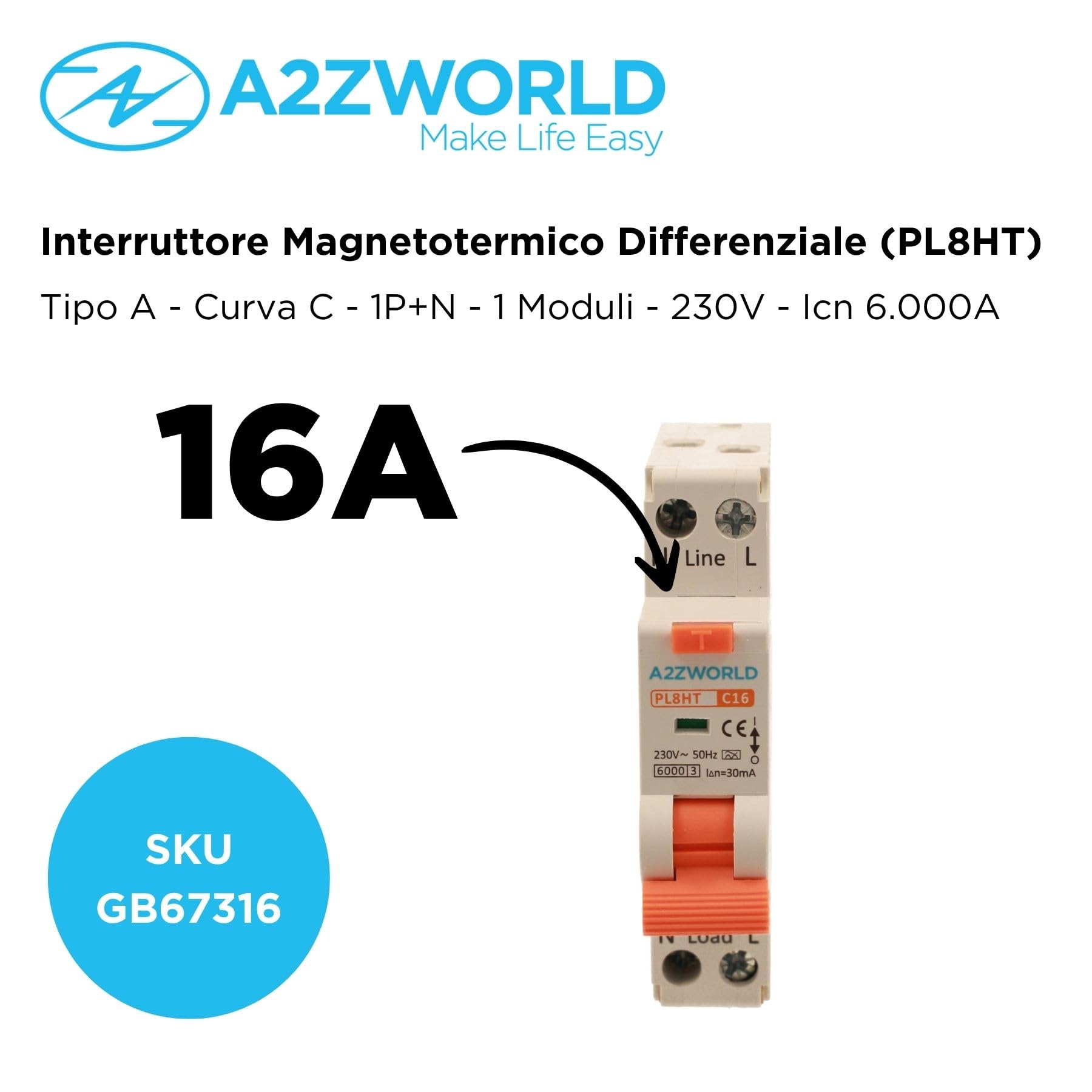 Interruptor diferencial magnetotérmico RCBO Slim 1P+N 16A C16 6kA 30mA 220V tipo A curva C PL8HT