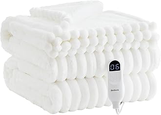 Bedsure Electric Blanket Twin - Thick Striped Flannel Electric Blanket, Heating with 10 Time Settings, 6 Heat Settings, and 8-Hour Timer Auto Shut Off, Gift for Grandma (62x84 inches, White)