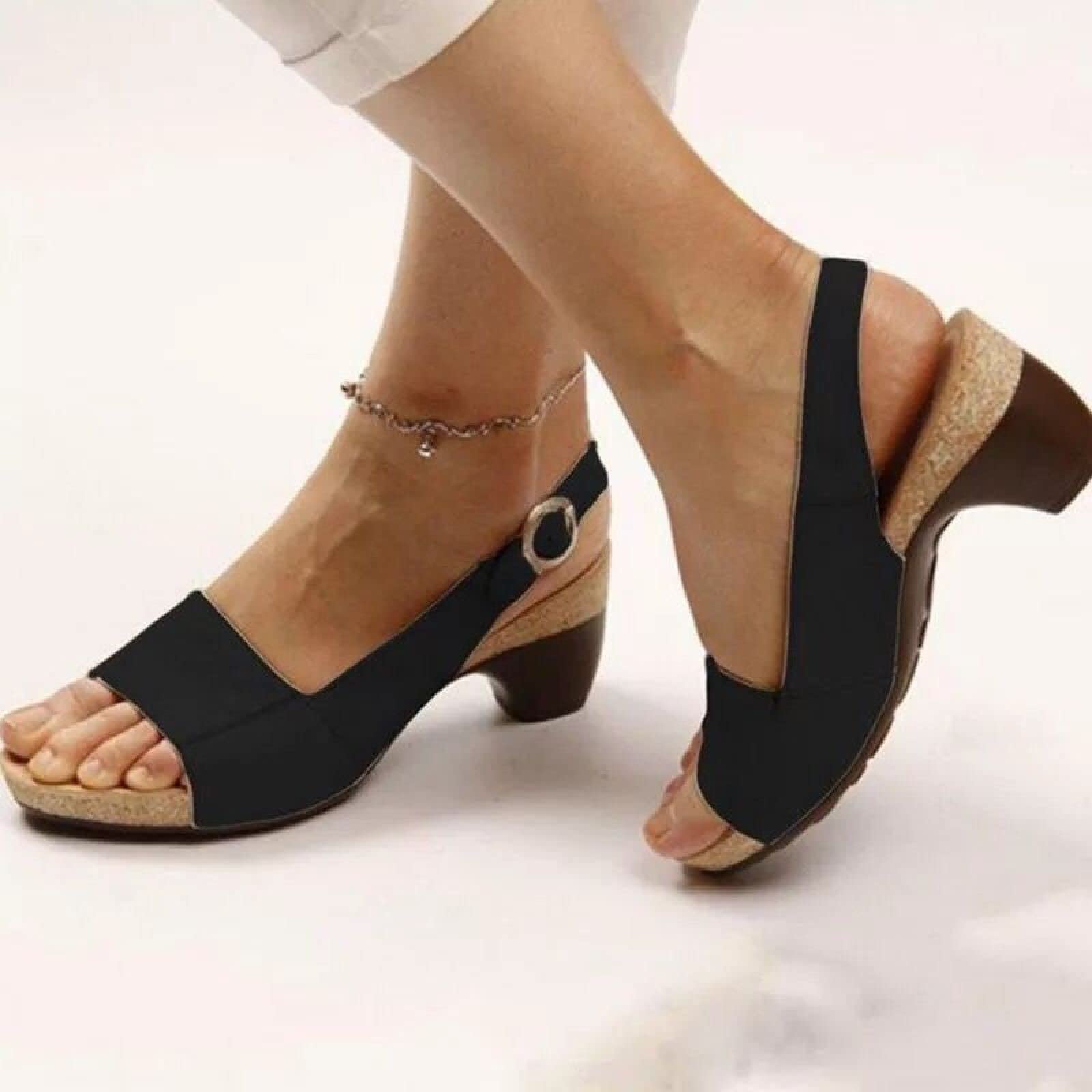 HIONRE Womens Strappy Platfrom Sandals,Comfy Women Wedges Sandals,Solid Color Chunky Heel Sandals, Plus Size Buckle Women's Sandals,black,37