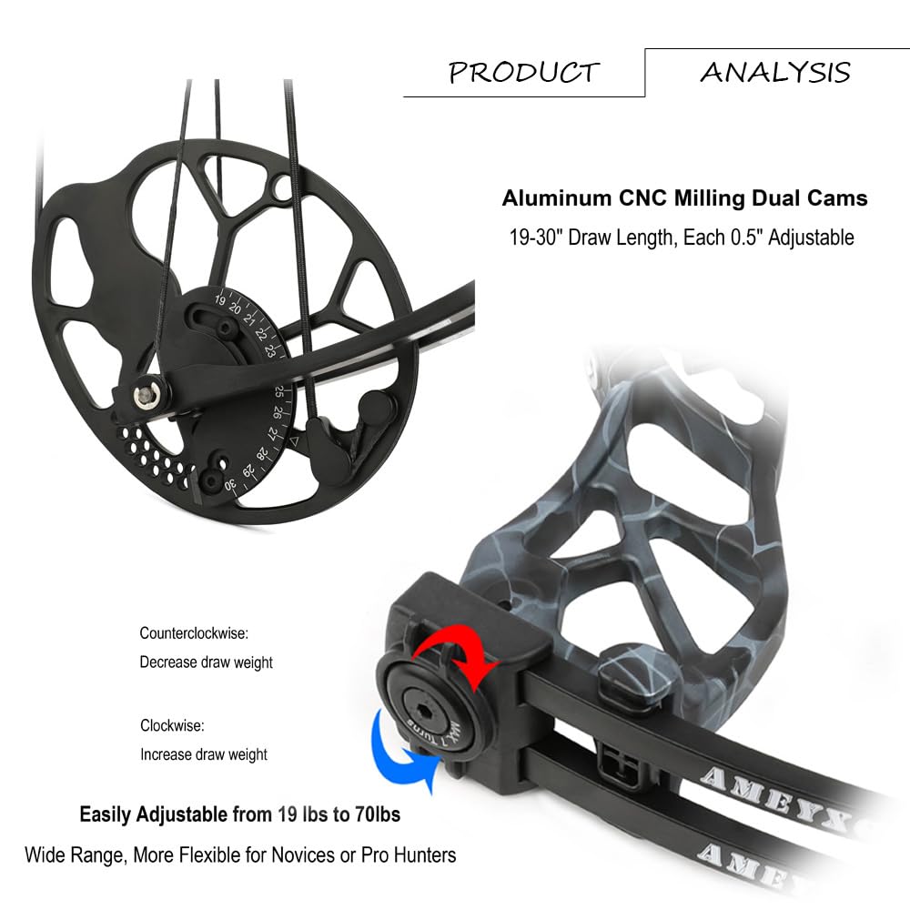 SHARROW Set Arco Compound e Frecce per Adulti e Principianti Caccia e Bersaglio, Peso di Tiro 19-70 libbre, Lunghezza di Tiro 19-30", IBO 320 fps, Kit Arco Compound da Caccia