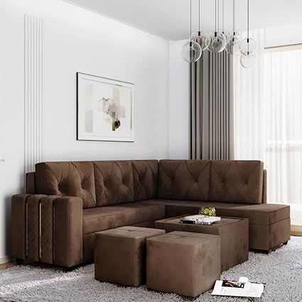 FURNY Olexa 6 Seater Premium Fabric Sectional RHS L Shape Sofa Set with 1 Centre Table & 2 Puffy -(Brown)