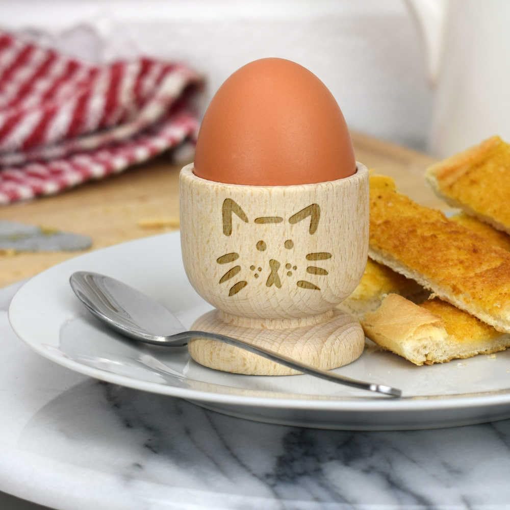 'Cat Face Doodle' Wooden Egg Cup (EC00028770)