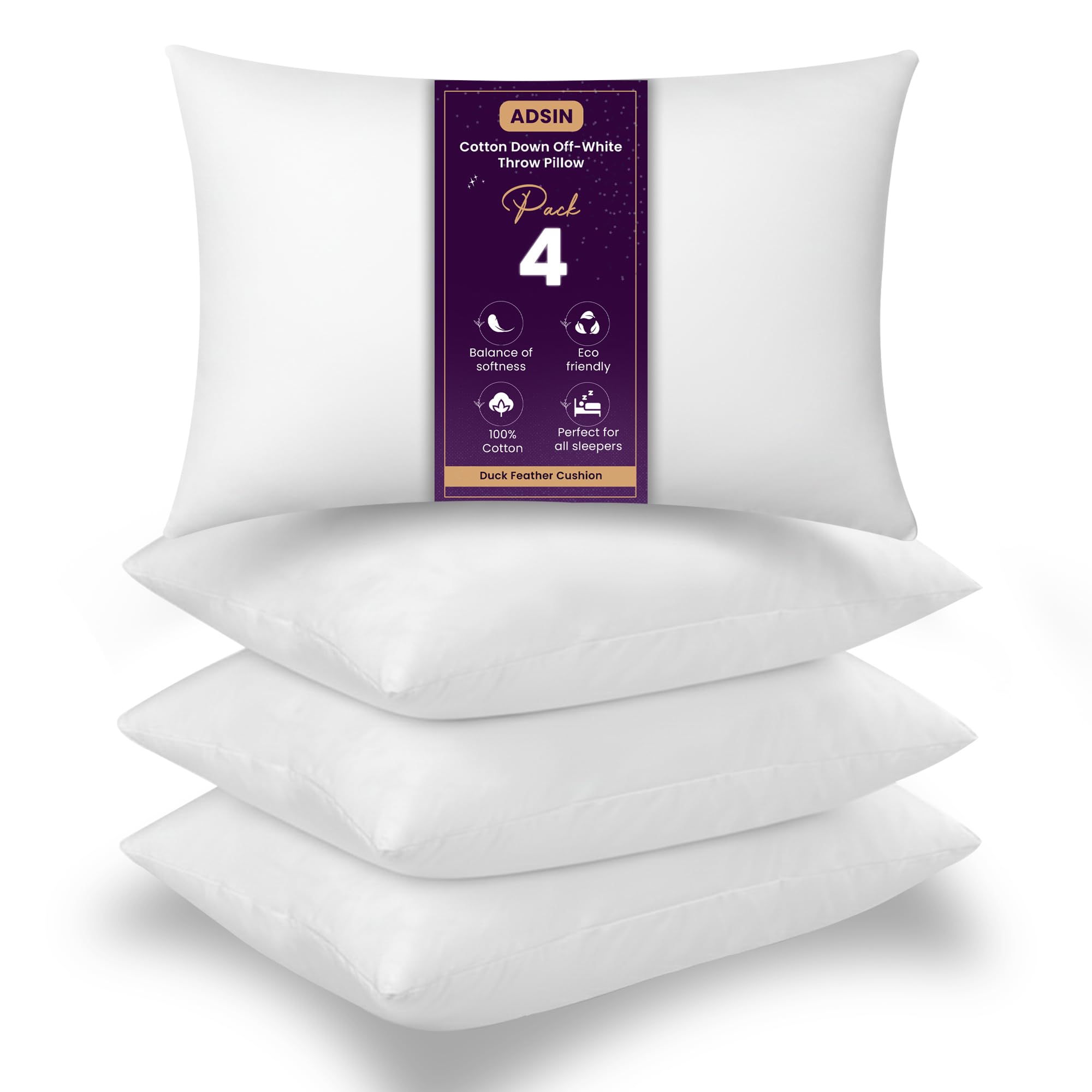 adsin Set of 4 Duck Feather Cushion Inserts – 35cm x 55cm (14" x 22") – Off-White Throw Pillow Pads with 100% Cotton Down-Proof Cover – Soft & Supportive Inner Fillers for Sofas & Beds