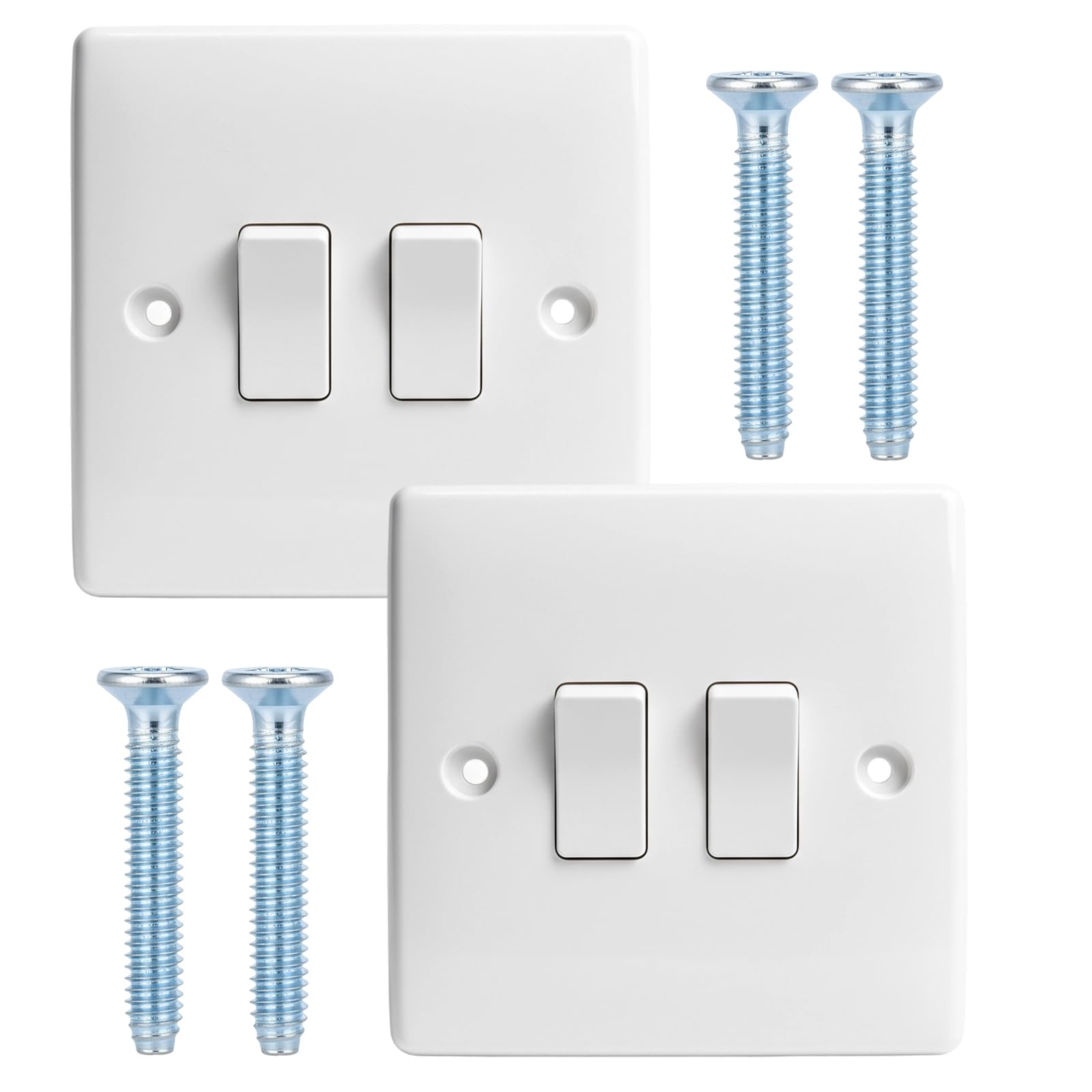 2 Set 2 Gang 2 Way Light Switch Double Light Switch White, Two Way Lights Switchs with Screws for Office Home Garages Schools Workshops, White Moulded 10A AC100-250V