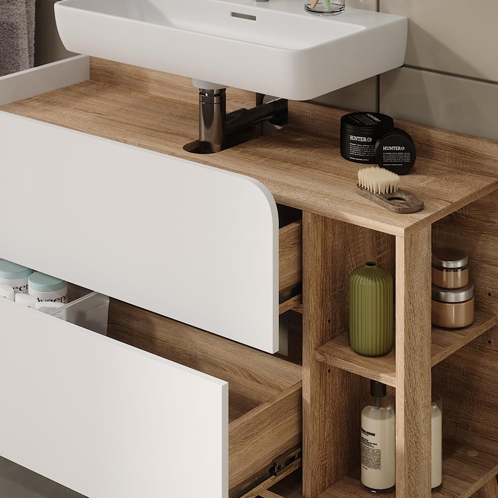 Vicco Mueble bajo Lavabo Karen, Sonoma/Blanco, 100 x 65 cm | con 2 cajones, para montaje bajo lavabo con recorte para sifón