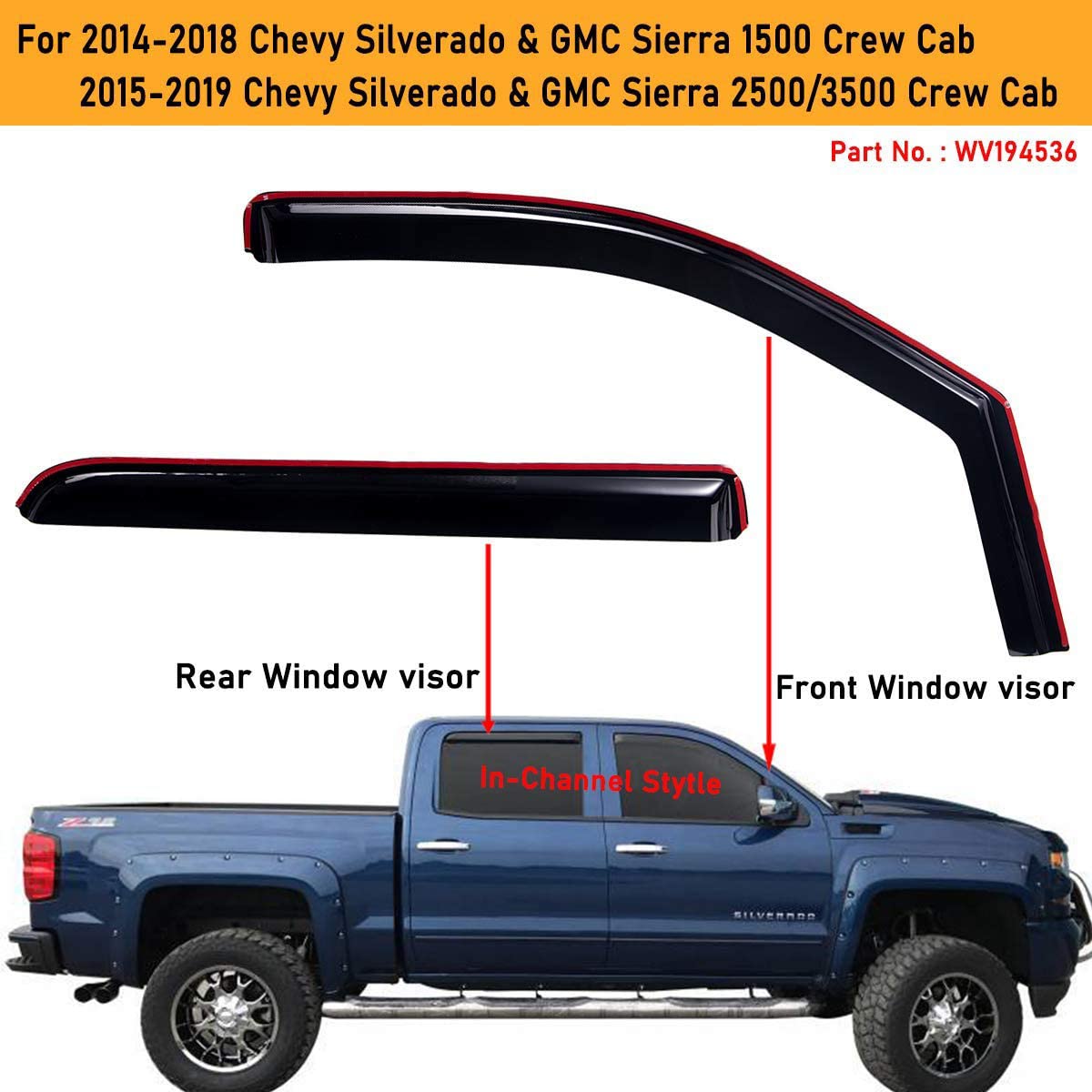 Lightronic WV194536 In-Channel Side Window Visor Deflector Rain Guard, Dark Smoke, 4 PCS for 2014-2018 Chevy Silverado & GMC Sierra 1500, 2015-2019 Chevy Silverado & GMC Sierra 2500/3500 with Crew Cab