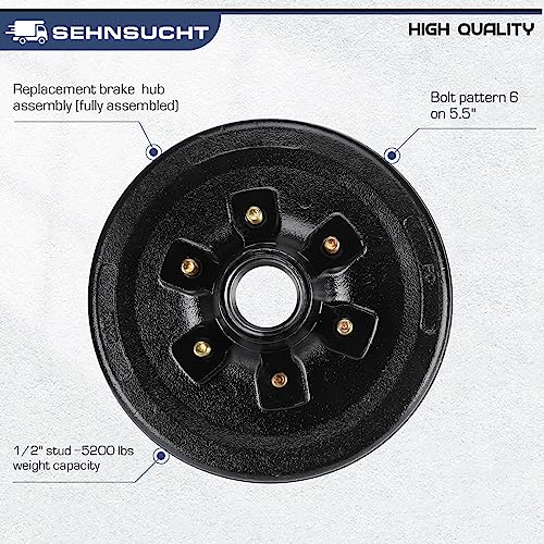 Image of Trailer Axle Electric Brake Kit, 6-Hole, 5.5 inch Bolt Circle Brake Drum with 12 inch x 2 inch Self Adjusting Electric Brakes for 5200lb-6000lb Axles, Replace 12 inchBrake Hub Drum(A Pair)