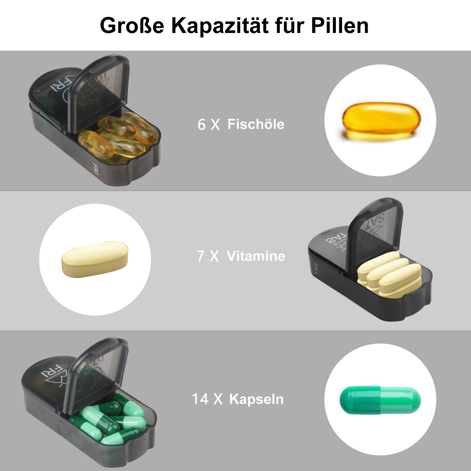 Portapillole Settimanale Mattina Sera Contenitore per Pillole 7 Giorni Pill Box 2 Volte al Giorno Pill Organizer Borsa in PU con Cerniera Portatile Per Vitamine, Olio di Pesce, Capsule (argento)