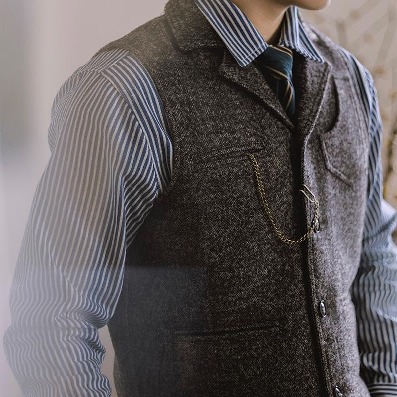 SevenBoy Men's Western Herringbone Wool Blend Buttoned Sweater Vest Tweed with Pockets Slim Fit Waistcoat3