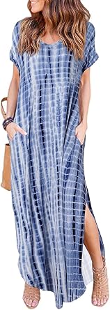 HUSKARY Womens Summer Maxi Dress Casual Loose Pockets Long Dress Short Sleeve Split Maxi Dresses