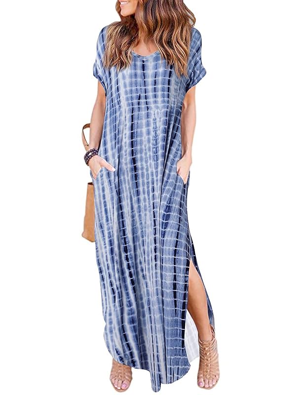 HUSKARY Womens Casual Pocket Beach Long Dress Short Sleeve Split Loose Maxi Dress, Tie-Dye, Large by HUSKARY - Used condition - US$16.06