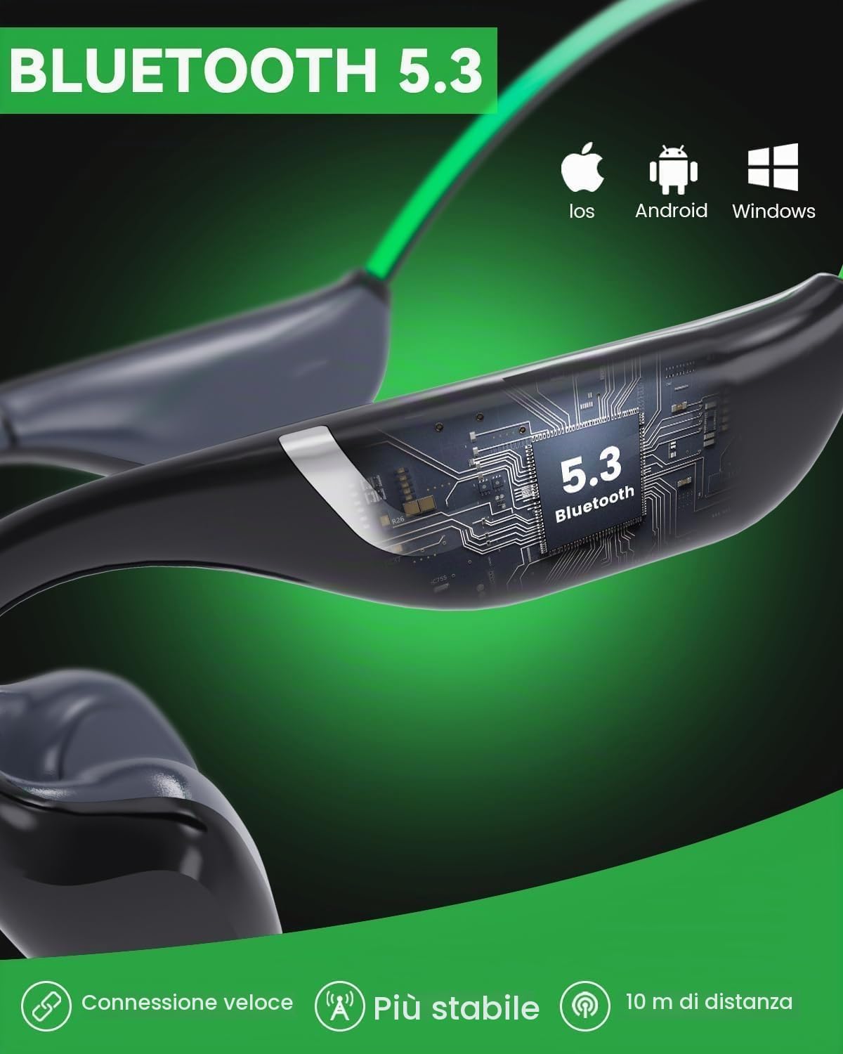 MONODEAL Cuffie conduzione ossea, Open Ear Auricolari Bluetooth 5.3 verdi con luce intelligente, 20 ore di autonomia, IPX7 resistenti al sudore, ideali per corsa e ciclismo