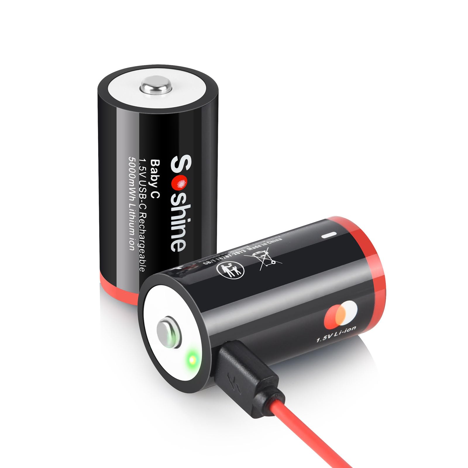 Soshine Rechargeable C Batteries with USB-C Charging Cable, 1.5v Lithium LR14 C Size Battery 5000mWh for Flashlight 2 Pack