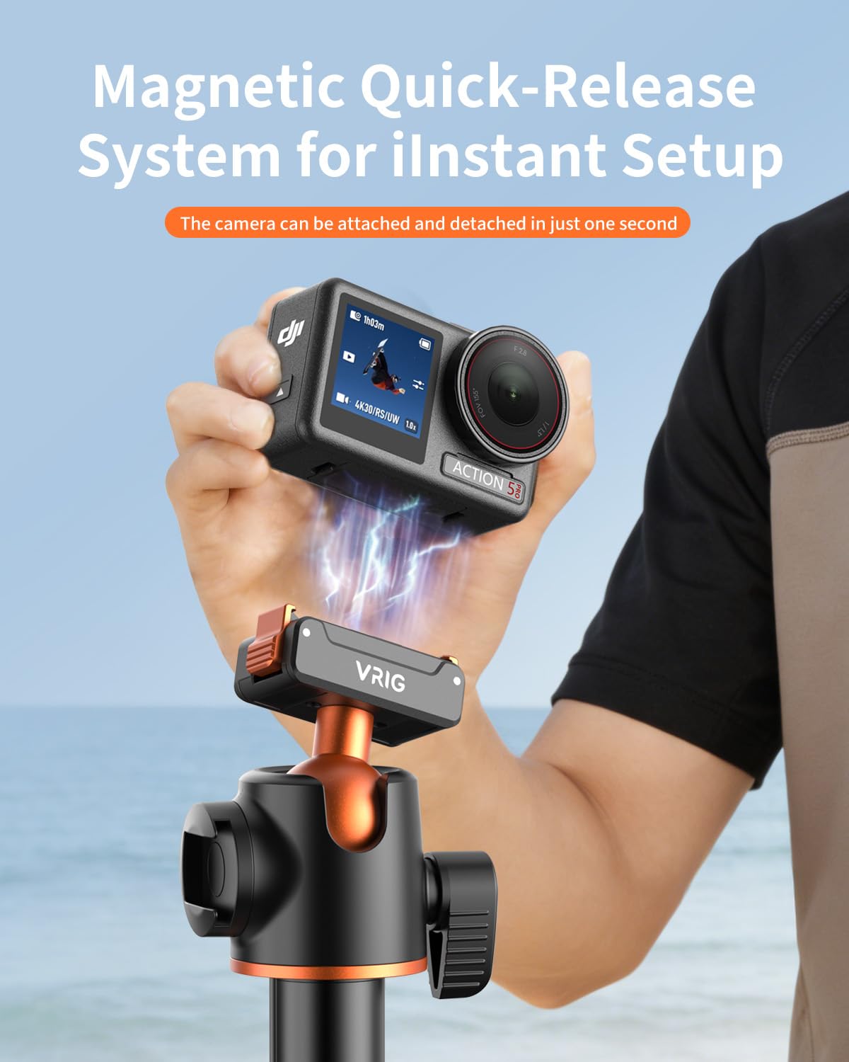 VRIG AC-40S Selfie Stick Stativ für DJI Osmo Action 5 Pro, Länge 33-140 cm, 1/4-Zoll-Schraube & Schnellverschluss-Adapterhalterung für DJI Osmo Action 4/3/Osmo 360