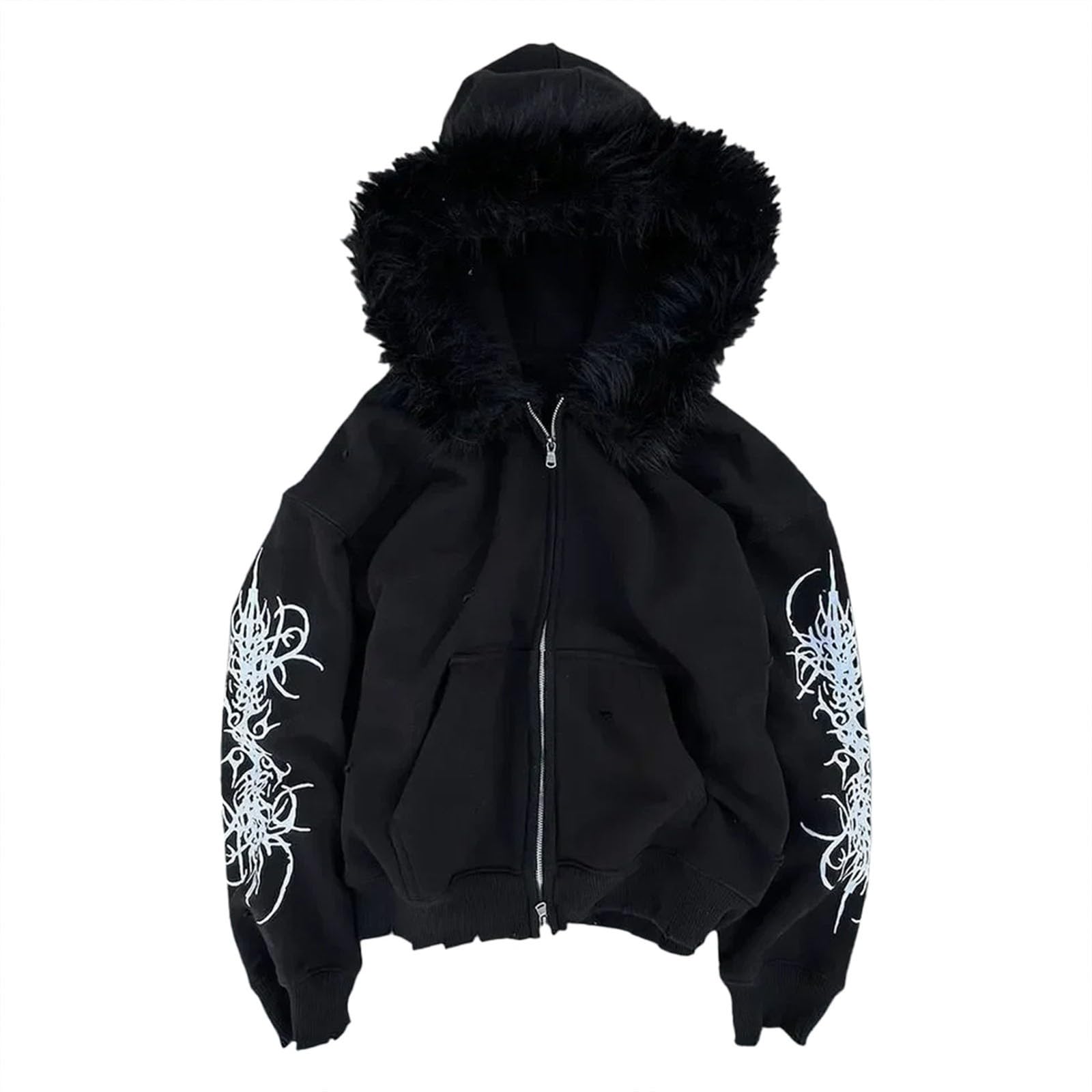 Y2K Vintage Zip Up Hoodie mit Pelzkapuze, 2000er Jahre Druck Oversized Anime Streetwear Sweatshirt Gothic Punk Unisex Leichter lässiger Pullover für Männer Frauen
