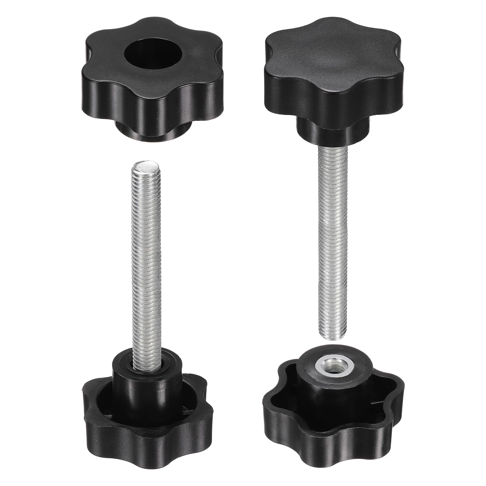sourcing map 2 Set Star Knobs M10 x 90mm Male + M10 Female Thread 48mm Head Metric 6-Star Threaded Stud Clamping Handles Screw in Through Hole Hand Jig Knob Thumb Screws, Black
