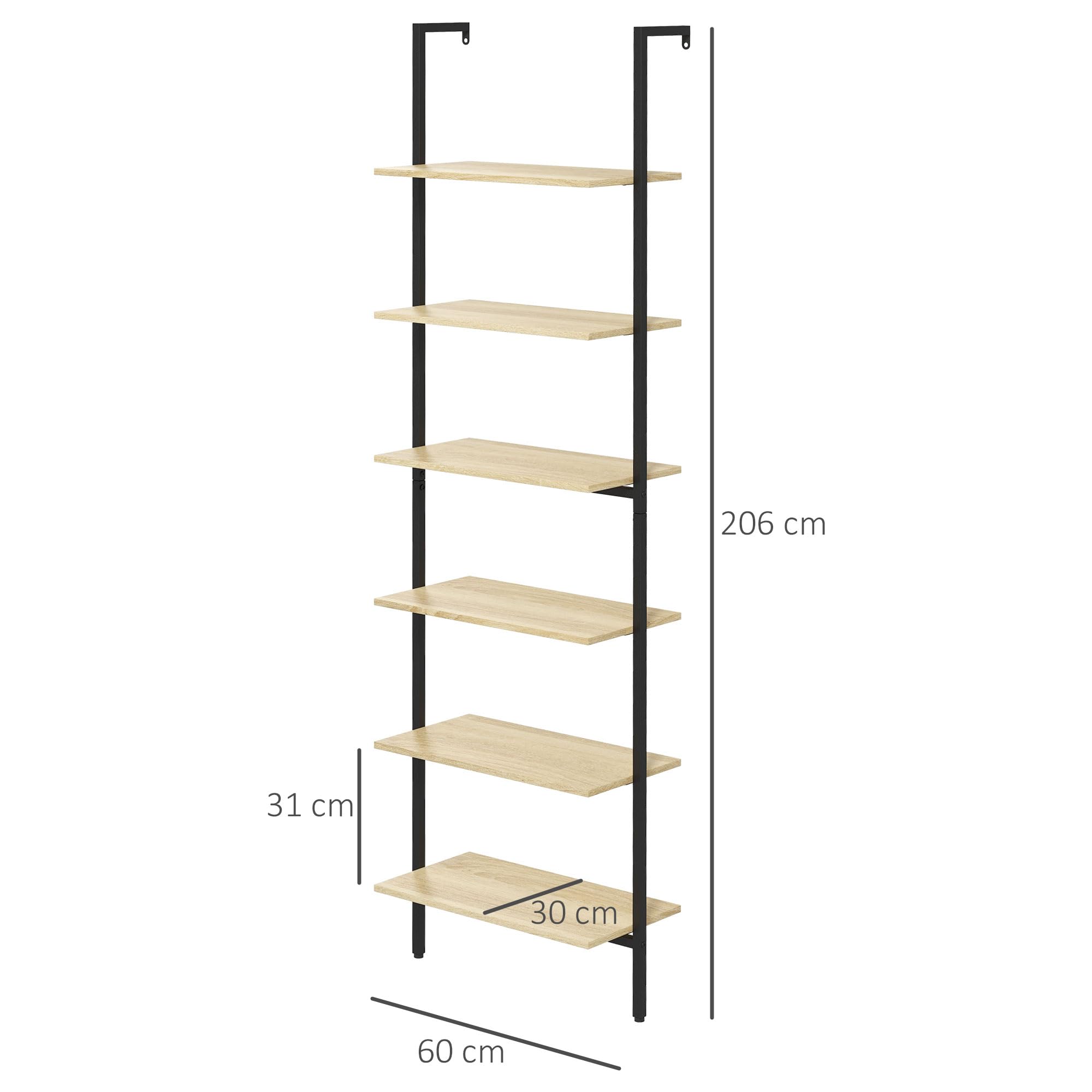 HOMCOM Scaffale scala da parete libreria scaffale portaoggetti stile industriale 6 ripiani in acciaio nero effetto legno naturale - dim. 60L x 30L x 206H cm