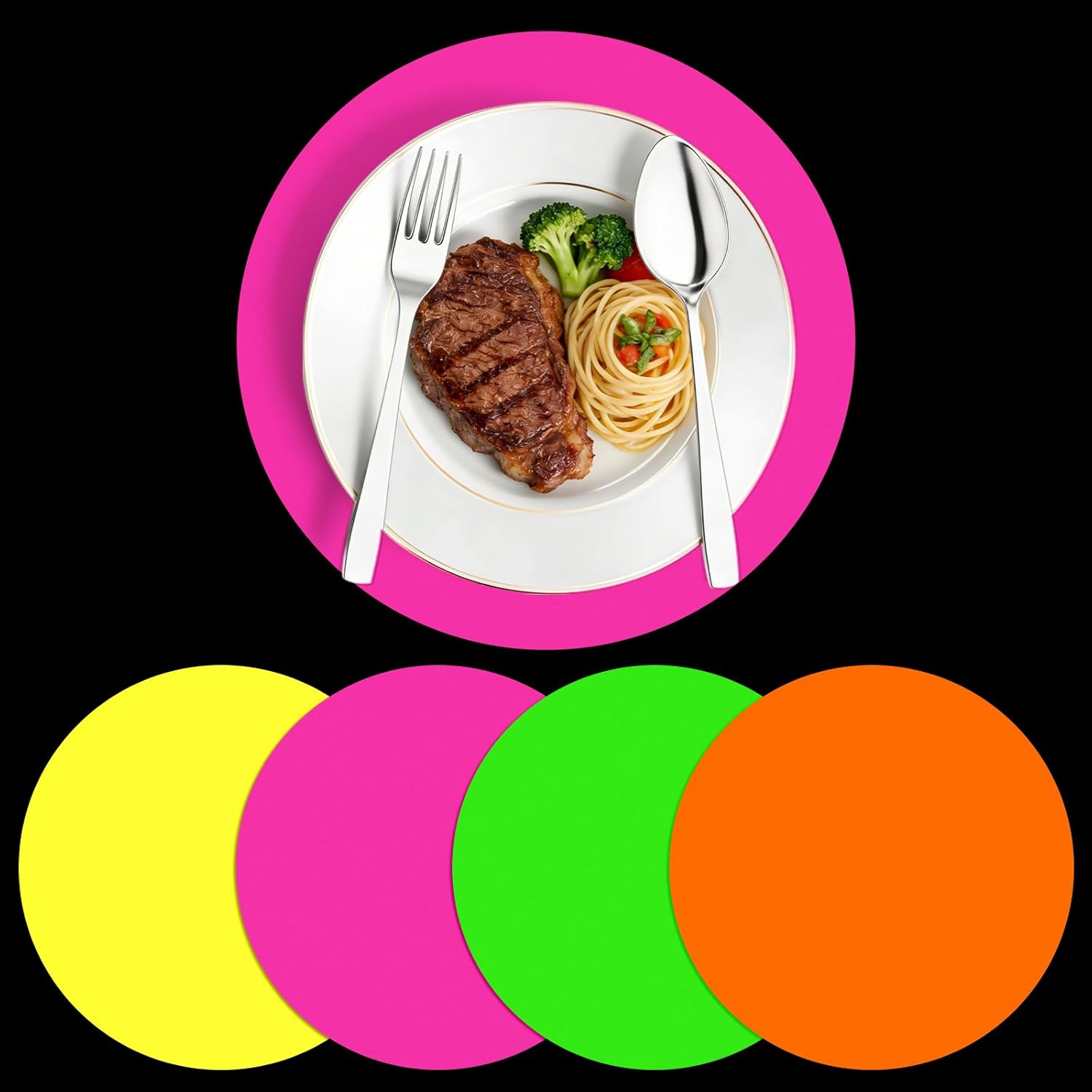 JarThenaAMCS 100Pcs Neon Paper Placemats Round Disposable Mats Glow in The Dark for Christian Party Vacation Bible School Table Decor