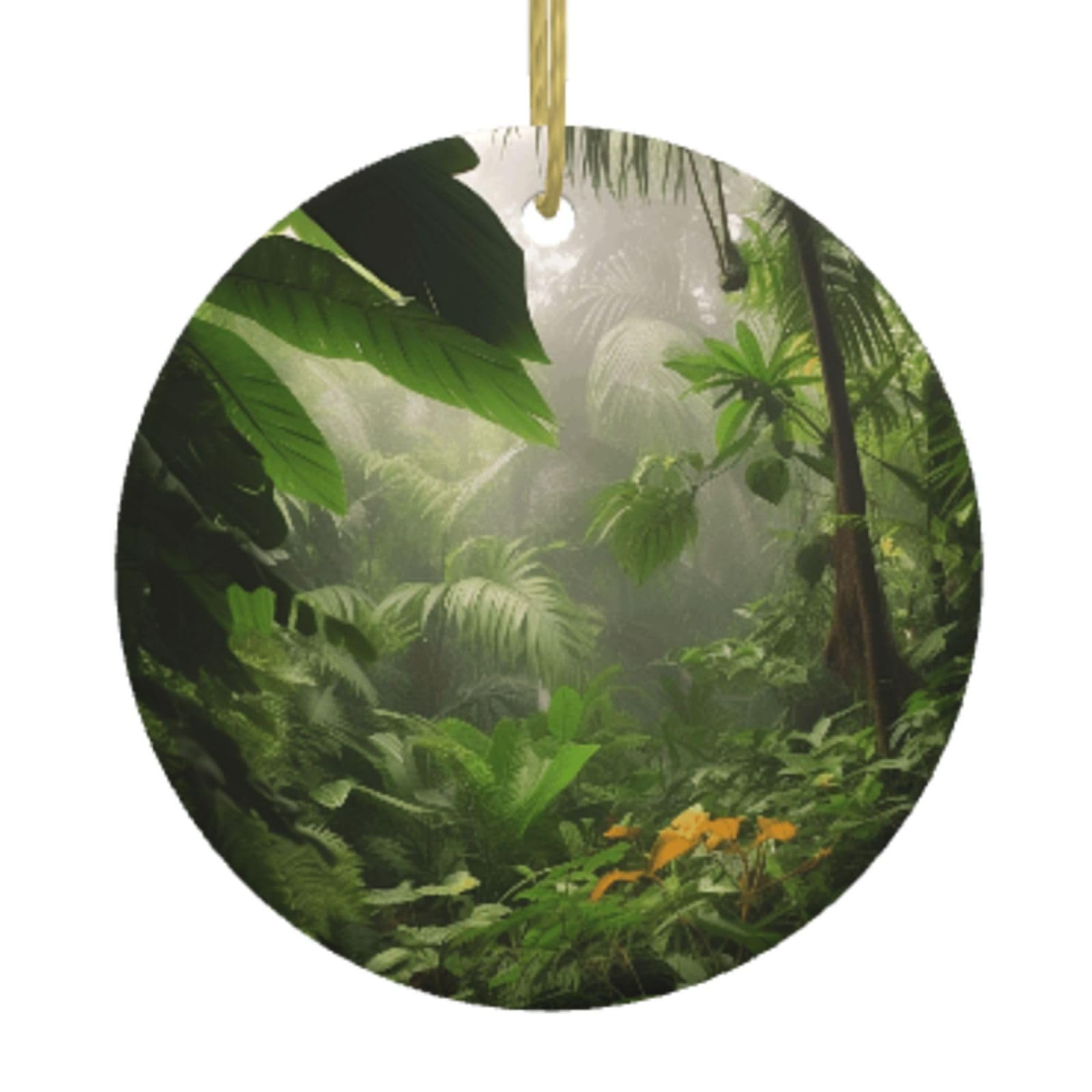 Ceramic Christmas Tree Hanging Ornaments with Gold Ropes Christmas Tree Decorations Round Ceramic Tropical Rainforest Jungle Scene Pendant Keepsake Decorations for Holiday Xmas Gift Ideas