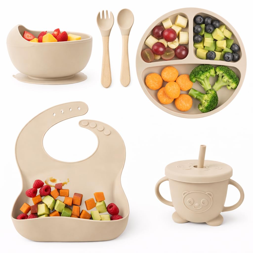 Silicone Baby Feeding Set 6 PCS | Suction Plate,Bowl, Adjustable Bib, Sippy Cup with Straw, Spoon & Fork | Food Grade Silicone Feeding Set for Baby Beige-image-41