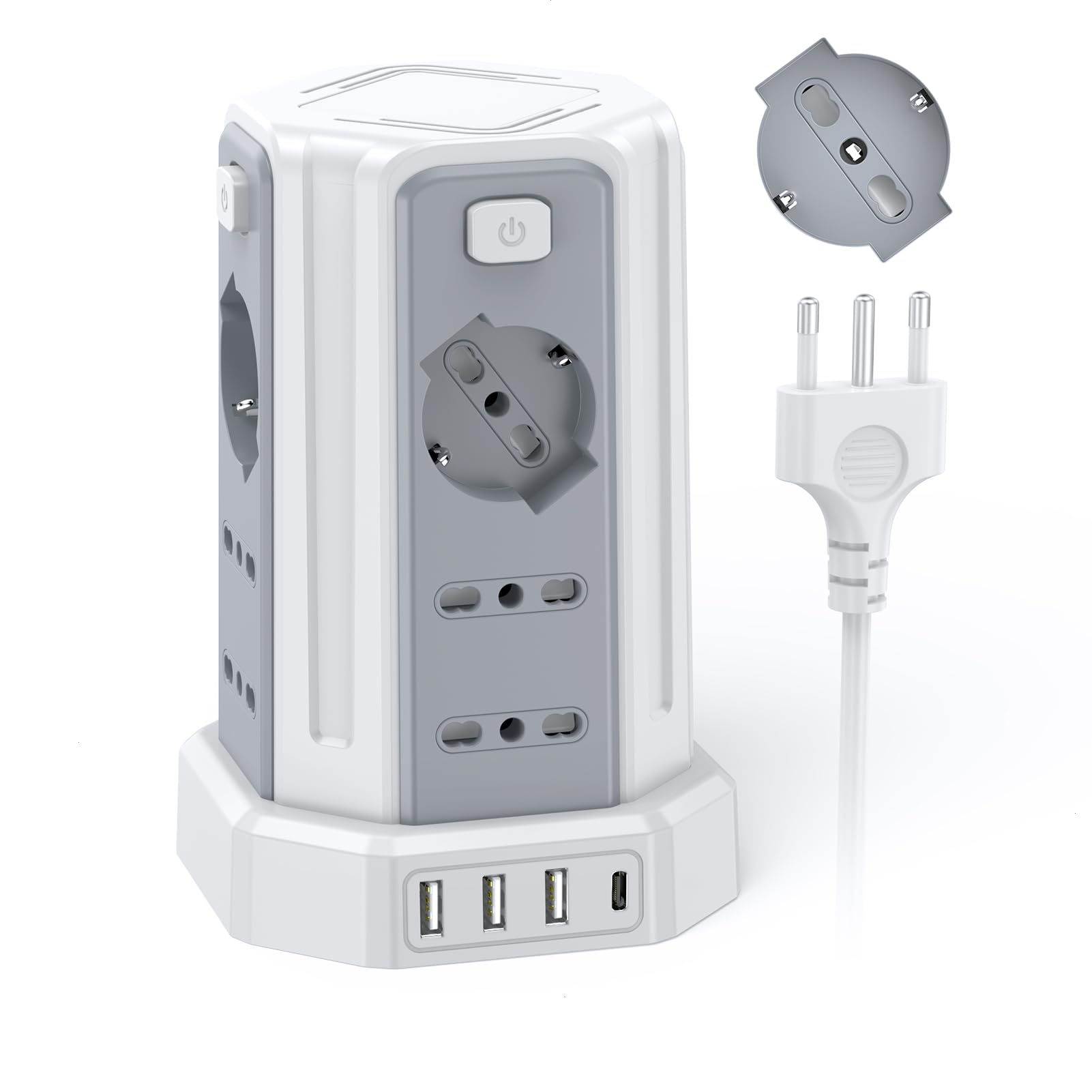 Ciabatta Elettrica Multipresa 2 metro con 12 Prese Universali 10/16A ITA e Schuko e 3 USB A+1 USB C protezione Sovratensione con 4 interruttori indipendenti, Bianco