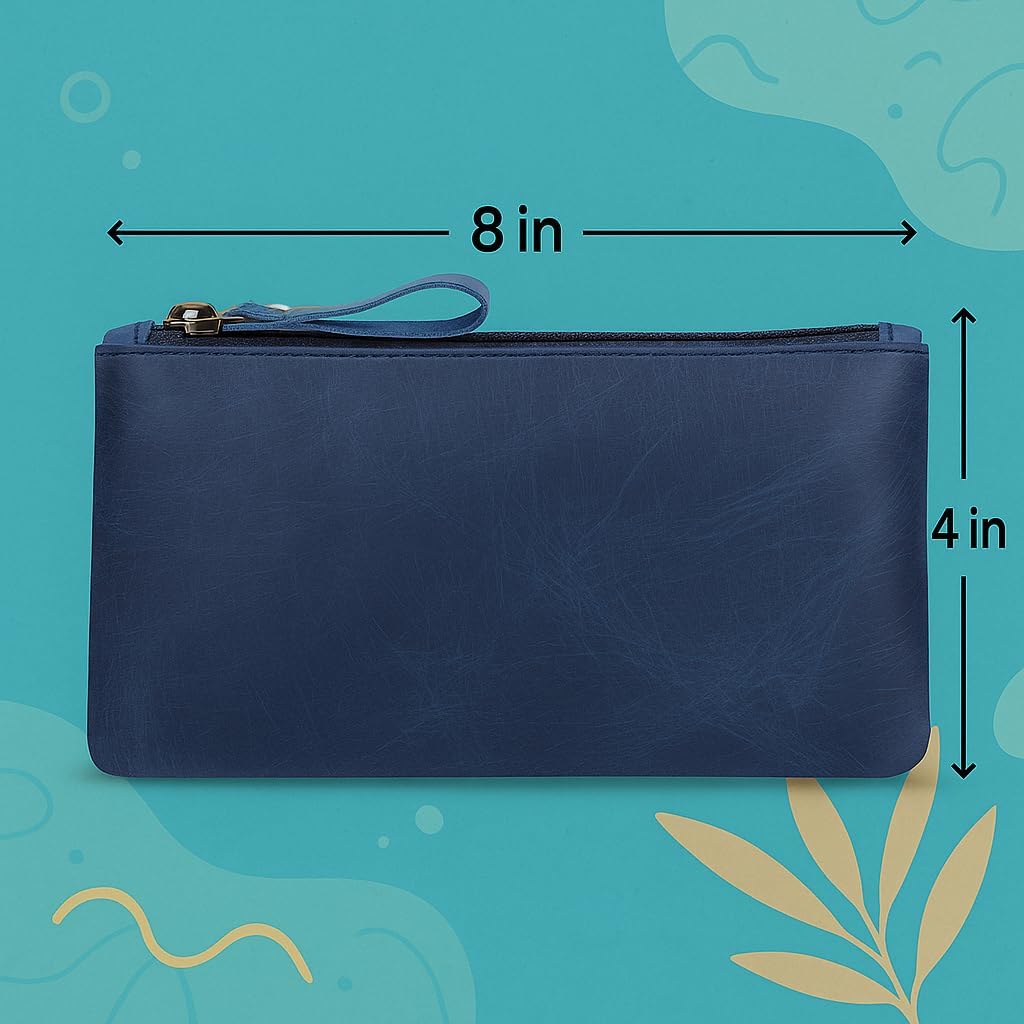 Blue Leather Pencil Pouch with Zipper - Slim Pen Holder (8" x 4" Inches), Coin Pouch & Cash Holder, Genuine Leather Pencil Case, Money Organizer, Multipurpose Accessory Case for Men & Women